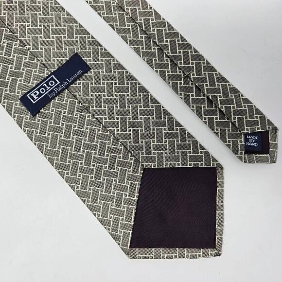 POLO RALPH LAUREN VINTAGE HAND MADE SILK TIE TAN SATIN WEAVE TEXTURE 4" X 55" - Picture 2 of 2